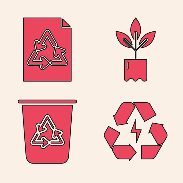 设置有回收符号的电池 有回收利用的纸 瓶子中的植物和有回收利用符号图标的回收箱 — 图库矢量图片