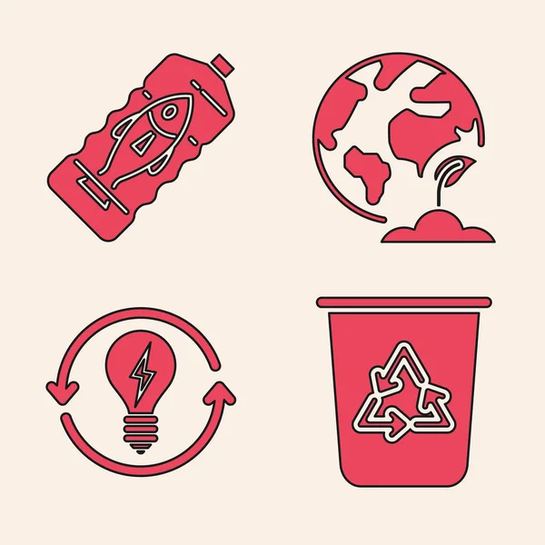 Set Recycle bin with recycle symbol, Stop ocean plastic pollution, Earth globe and plant and Recycle and light bulb with lightning symbol icon. Vector