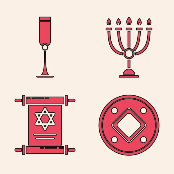 Set Jewish Coin Jewish Goblet Hanukkah Menorah Torah Scroll Icon — Stock Vector