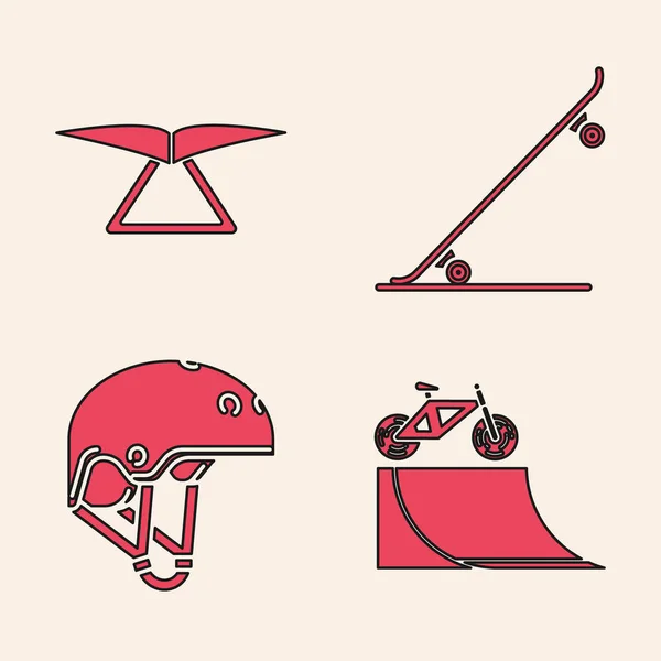 Set Bicycle on street ramp, Hang glider, Skateboard and Helmet icon. Vector