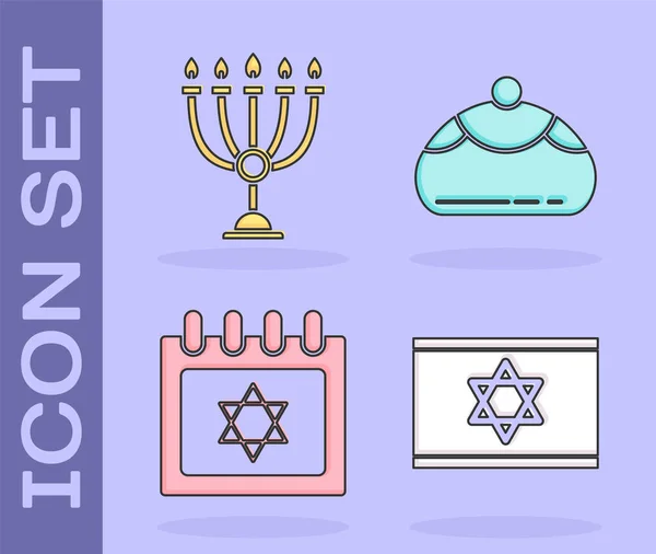 Definir Bandeira Israel Hanukkah Menorah Calendário Judaico Com Estrela David — Vetor de Stock