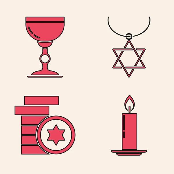 Поставьте Горящую Свечу Подсвечник Еврейский Кубок Ожерелье Звезда Давида Цепь — стоковый вектор