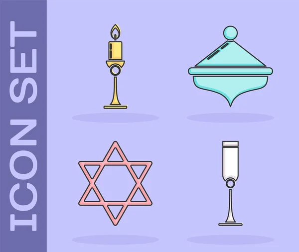 Set Jewish Goblet Burning Candle Candlestick Star David Hanukkah Dreidel — Stock Vector
