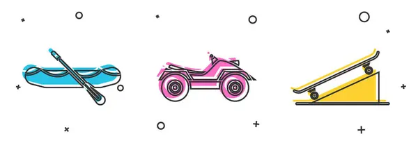 Set Rafting boat, All Terrain Vehicle or ATV motorcycle and Skateboard on street ramp icon. Vector