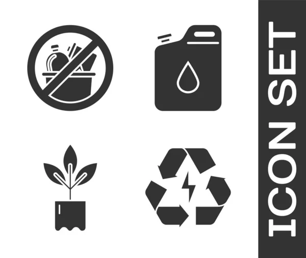 Set Battery Recycle Symbol Trash Plant Bottle Canister Gasoline Icon — Stock Vector