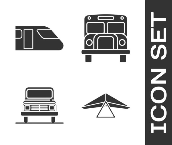 Set Drachenflieger Zug Auto Und Schulbus Symbol Vektor — Stockvektor