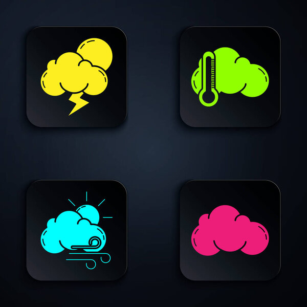 Set Cloud, Storm, Windy weather and Thermometer and cloud. Black square button. Vector