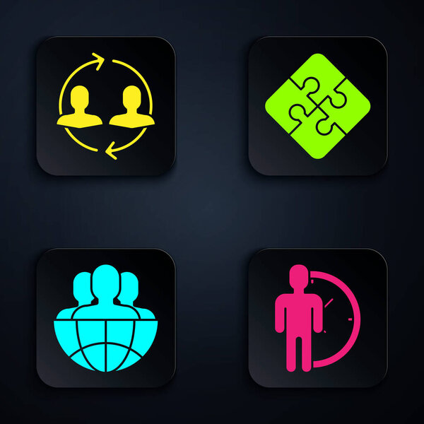 Set Time Management, Human resources, Globe and people and Piece of puzzle. Black square button. Vector