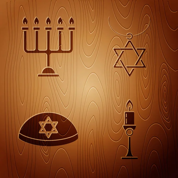 Set Vela Ardiente Candelero Hanukkah Menorah Kippah Judío Con Estrella — Vector de stock