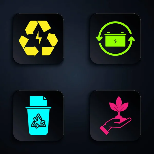 Conjunto Planta Mão Proteção Ambiental Bateria Com Símbolo Reciclagem Lixeira — Vetor de Stock