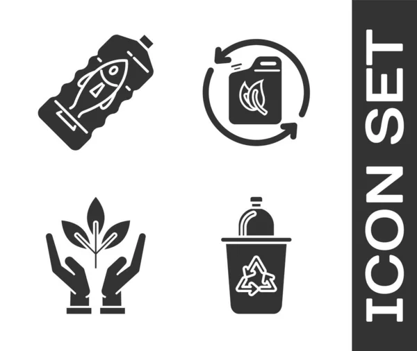 设置回收箱与回收符号 停止海洋塑料污染 工厂在环境保护和生物燃料罐图标 — 图库矢量图片