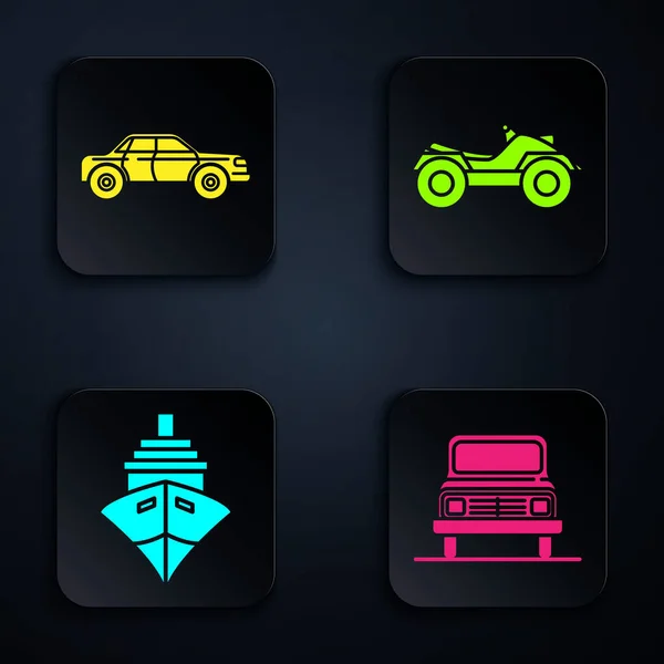 Set Car, Sedan car, Cargo ship and All Terrain Vehicle or ATV motorcycle. Black square button. Vector