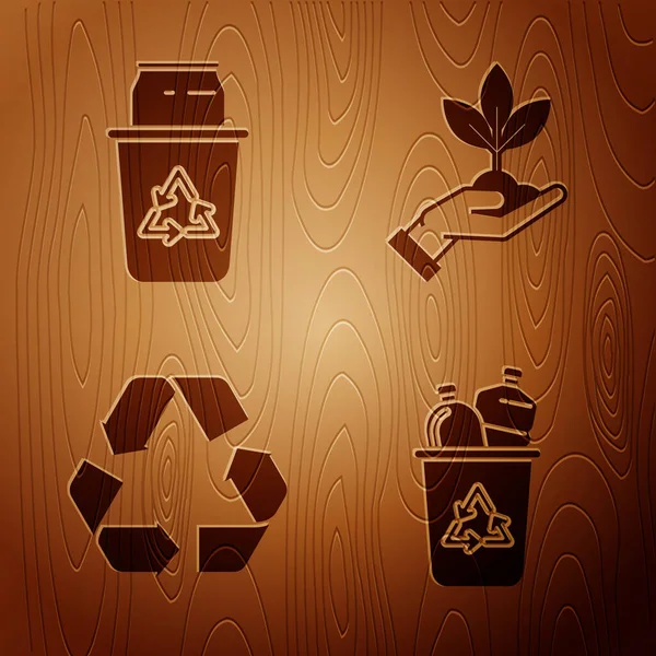 Set Corbeille Avec Symbole Recyclage Peut Plante Main Protection Environnement — Image vectorielle