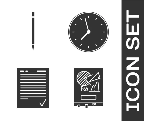 グラフチャート 消しゴム付き鉛筆 チェックマーク付き試験用紙 時計アイコンでボードを設定します ベクトル — ストックベクタ