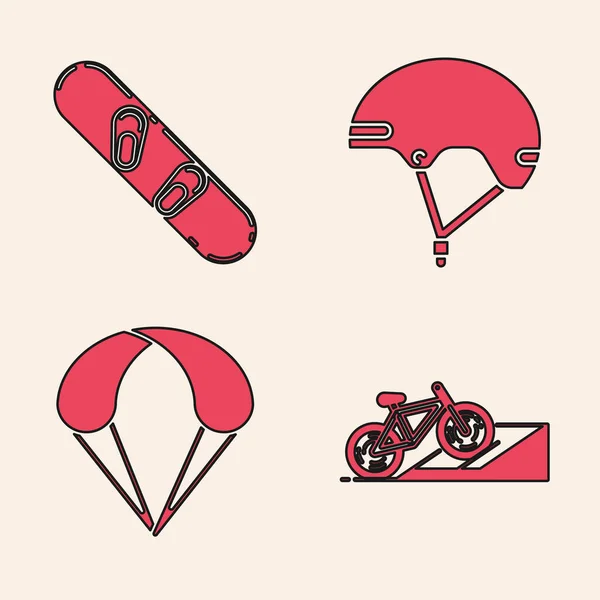 Set Fahrrad Auf Straße Rampe Snowboard Helm Und Fallschirm Symbol — Stockvektor