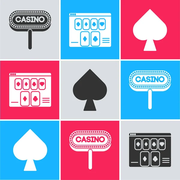Establecer Casino Letrero Mesa Póquer Línea Juego Jugar Carta Con — Vector de stock