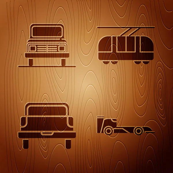 木製の背景にフォーミュラレースカー ピックアップトラックやトラムや鉄道を設定します ベクトル — ストックベクタ