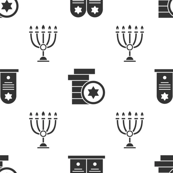 Set Tombstone Star David Jewish Coin Hanukkah Menorah Seamless Pattern — Stock Vector
