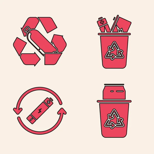 Set Recycle bin with recycle symbol and can, Recycling plastic bottle, Battery with recycle symbol line icon. Vector