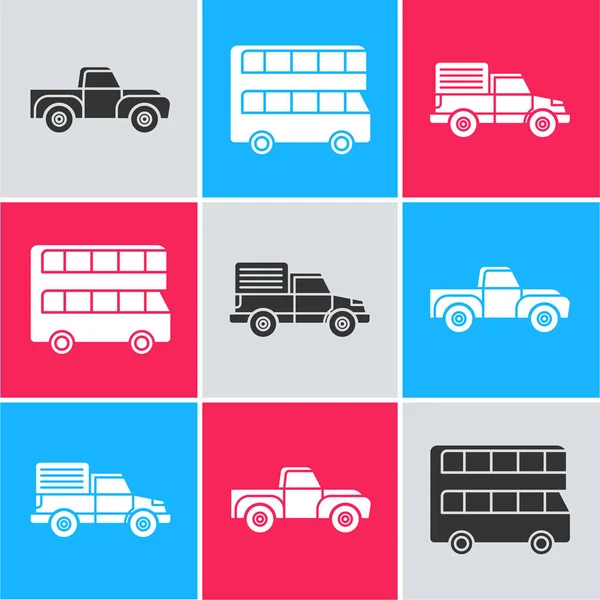 Set Pickup Truck Double Decker Bus Delivery Cargo Truck Vehicle — Stock Vector