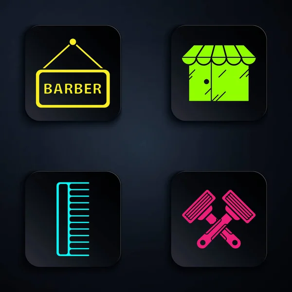 Set Crossed Shaving Razor Barbershop Hairbrush Barbershop Building Black Square — Stock Vector