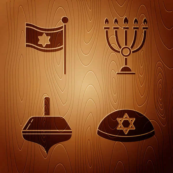 Set Jüdische Kippa Mit Davidstern Fahne Israels Chanukka Dreidel Und — Stockvektor
