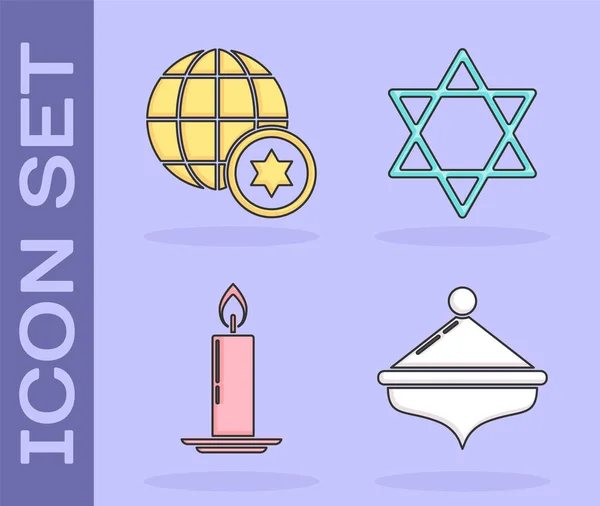 Set Hanukkah Dreidel World Globe Israel Burning Candle Candlestick Star — Stock Vector