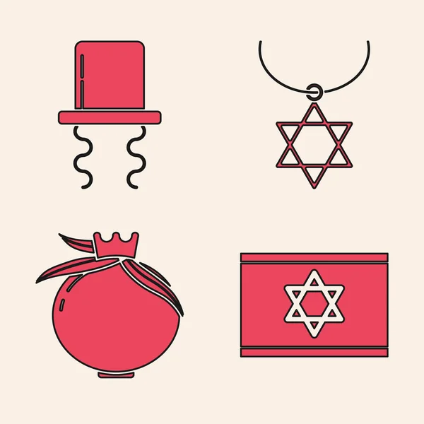 设置以色列国旗 带边框的东正教犹太帽 戴在链子上的大卫之星项链和波美拉尼亚的图标 — 图库矢量图片