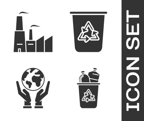Set Papelera Reciclaje Con Símbolo Reciclaje Fábrica Manos Humanas Sosteniendo — Vector de stock