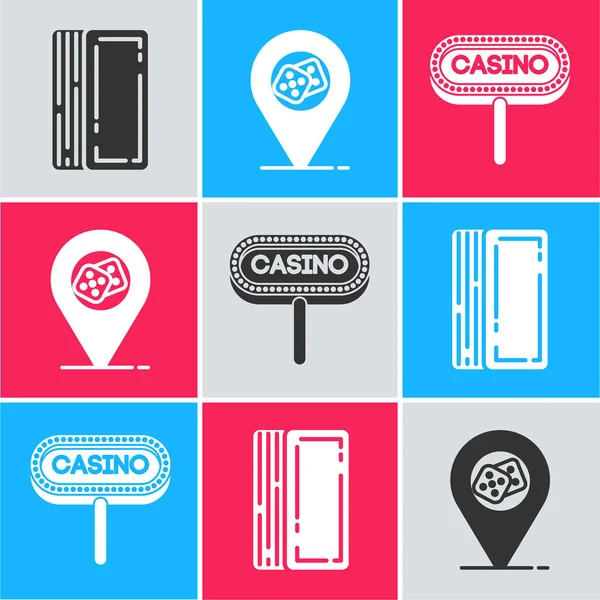 Set Deck Playing Cards Casino Location Casino Signboard Icon Inglés — Archivo Imágenes Vectoriales
