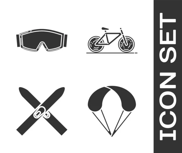 Set Fallschirm Skibrille Ski Und Stöcke Und Fahrrad Symbol Vektor — Stockvektor
