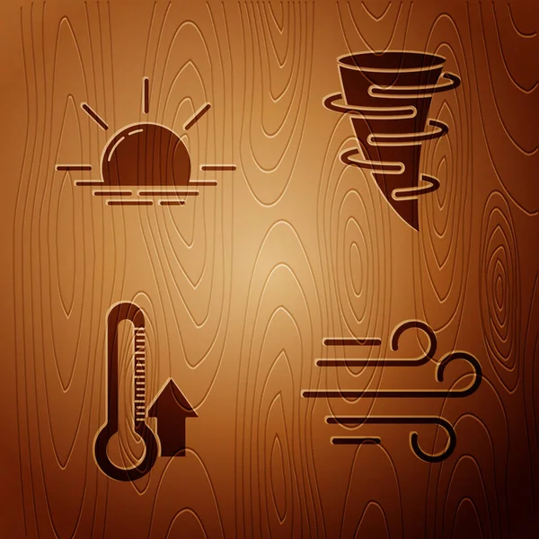 Set Wind Sunrise Thermometer Tornado Sobre Fundo Madeira Vetor — Vetor de Stock