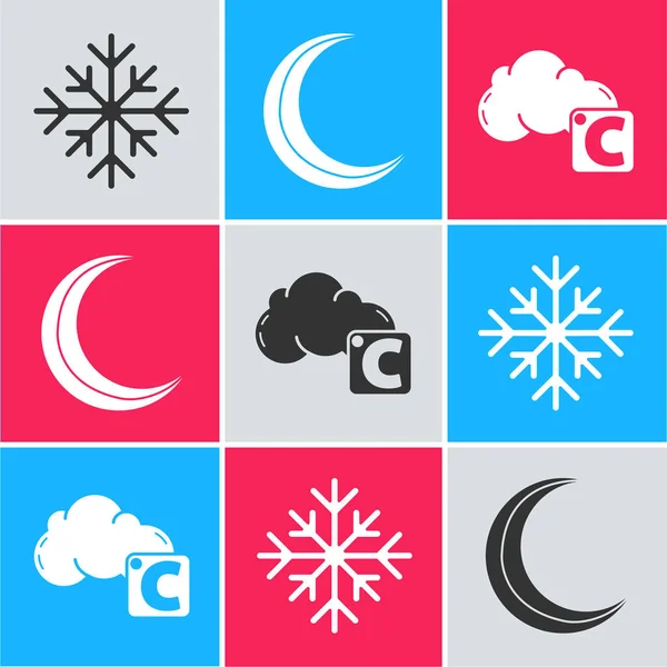 Set Schneeflocke Mond Und Sterne Und Celsius Und Wolkensymbol Vektor — Stockvektor