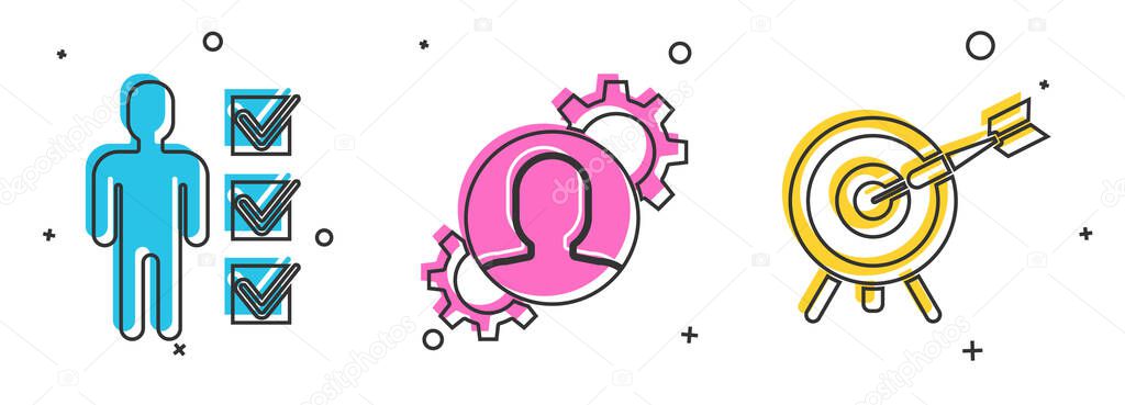 Set User of man in business suit, Human with gear inside and Target with arrow icon. Vector