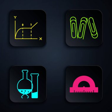 Ölçüm dereceleri, pasta grafiği bilgisi, test tüpü ve matara kimya laboratuvarı testi ve ataç için ölye ızgarası ayarlayın. Siyah kare düğme. Vektör