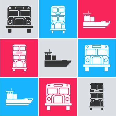 Okul otobüsü, çift katlı otobüs ve kargo gemisi simgesi. Vektör