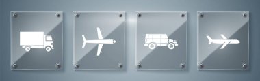 Uçak, off road car, uçak ve teslimat kargo kamyonu. Kare cam paneller. Vektör