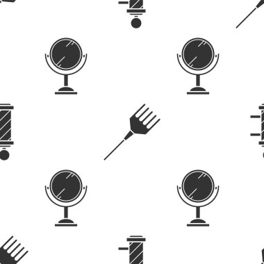 Klasik berber dükkânı direğini, saç fırçasını ve el aynasını kusursuz desene ayarlayın. Vektör