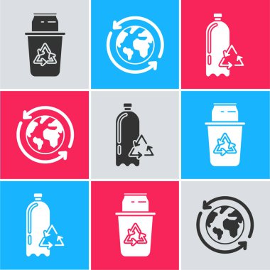 Geri dönüşüm kutusunu geri dönüşüm sembolü ve kutusuyla, Dünya gezegeniyle, geri dönüşüm ve plastik şişe ikonuyla ayarla. Vektör