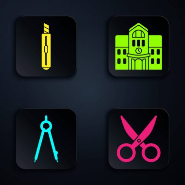 Makas, kırtasiye bıçağı, çizim pusulası ve okul binası. Siyah kare düğme. Vektör