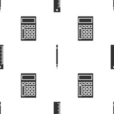 Cetvel, silgiyle kalem ve hesap makinesini kusursuz desene ayarlayın. Vektör