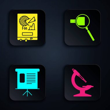 Mikroskobu ayarla, grafik çizelgesi olan tahta, grafik, çizelge, grafik, diyagram, bilgi grafiği, pasta grafiği ve büyüteçle sunum finans kurulu. Siyah kare düğme. Vektör