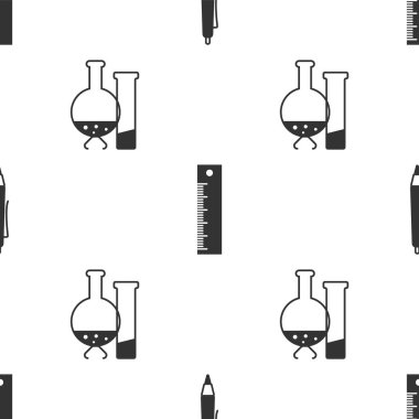 Kalem, cetvel ve test tüpü ve matara kimya laboratuvarını pürüzsüz kalıba göre ayarla. Vektör