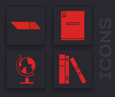 Ofis dosyalarını kağıt ve belgelerle, silgiyle ya da kauçukla, Not Defteri ve Dünya küresi simgesiyle ayarla. Vektör