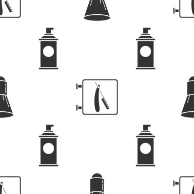 Tıraş fırçasını, berber dükkanını jilet ve tıraş jeli köpüğü ile kusursuz desenlere ayarlayın. Vektör