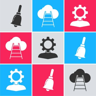 Zil çalsın, Merdiven bulut ve insana yol açsın ve ikon içinde ekipman olsun. Vektör