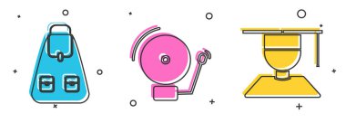 Okul çantası, alarm zili ve mezuniyet şapkası ikonu. Vektör