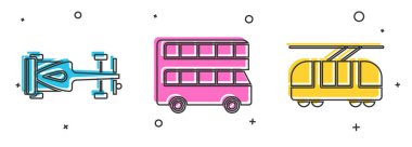 Formula yarış arabasını, çift katlı otobüsü, tramvayı ve tren ikonunu ayarlayın. Vektör