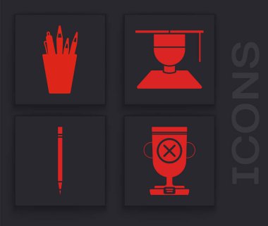 Ödül kupası, kalem kutusu kırtasiyesi, mezuniyet şapkası ve silgi ikonlu kalem. Vektör