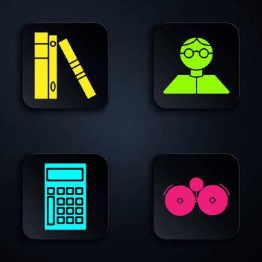 Alarm zilini, evrak ve belgeleri, hesap makinesini ve öğrenciyi ayarla. Siyah kare düğme. Vektör